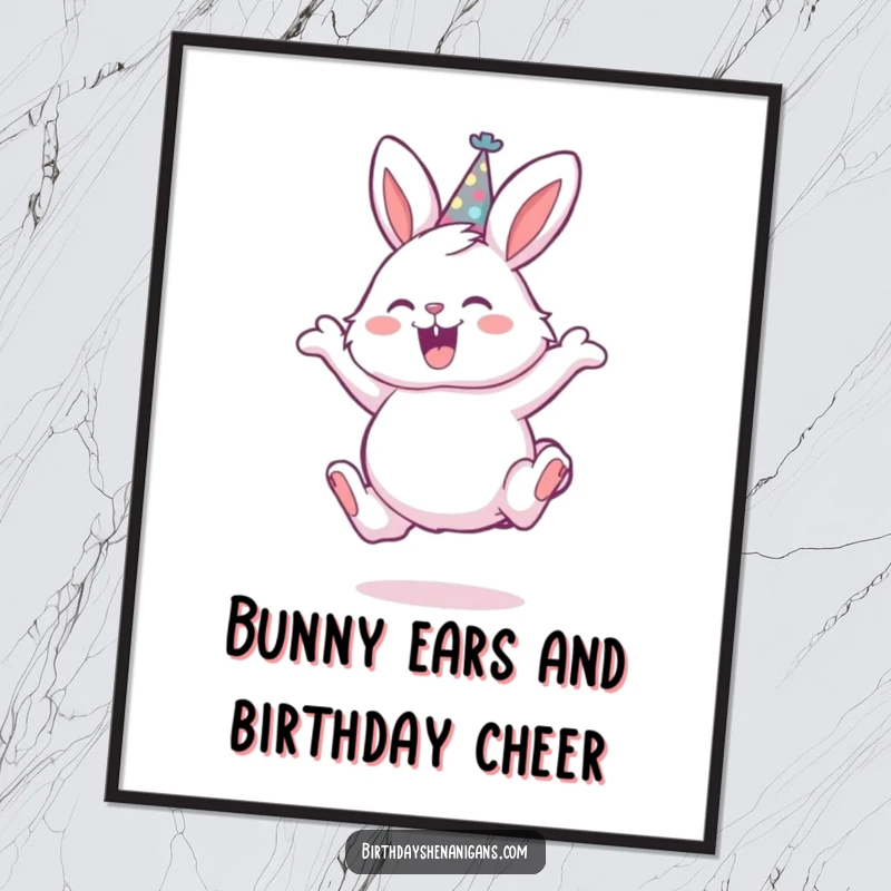 Funny free printable wall art of a fluffy bunny in a party hat mid-leap, radiating infectious, happy energy.