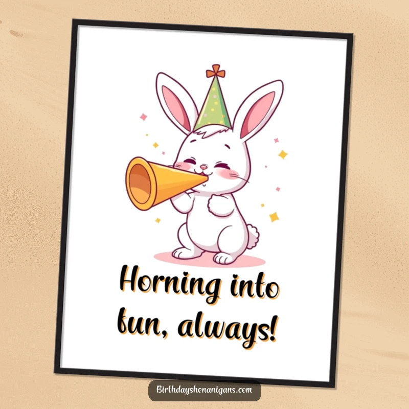 Funny Free Printable Wall Art: Adorable bunny in a party hat gleefully blowing a giant party horn, surrounded by colorful confetti.