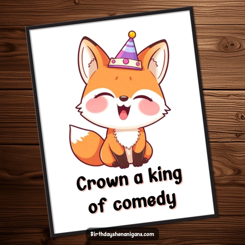 Funny free printable wall art of a giggling fox wearing a party crown tilted comically askew, exuding playful mischief.