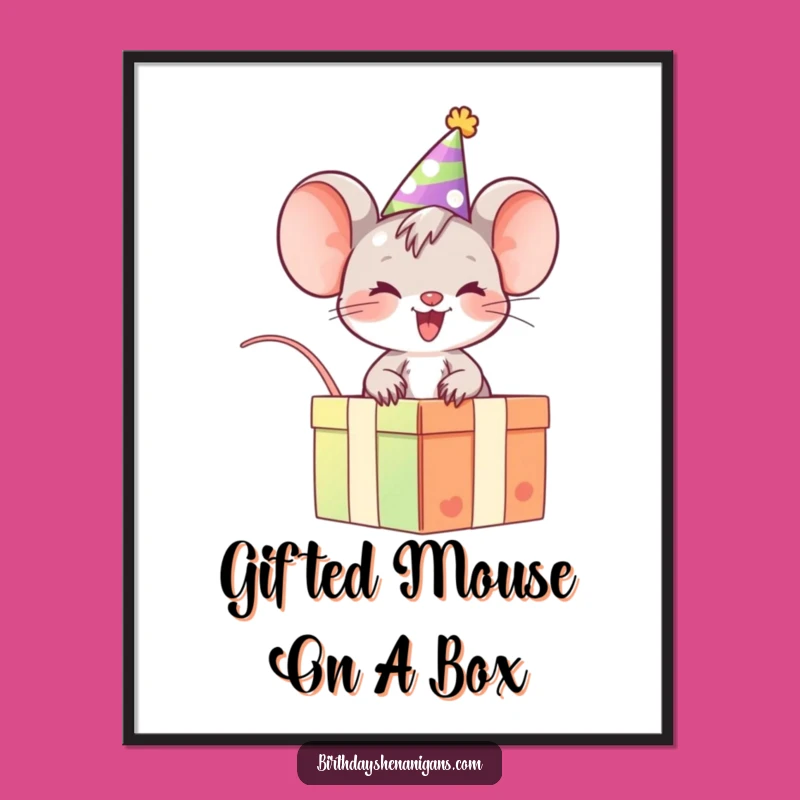 Free Printable Wall Art: Giggling Mouse Riding Gift Box Funny Downloadable Art