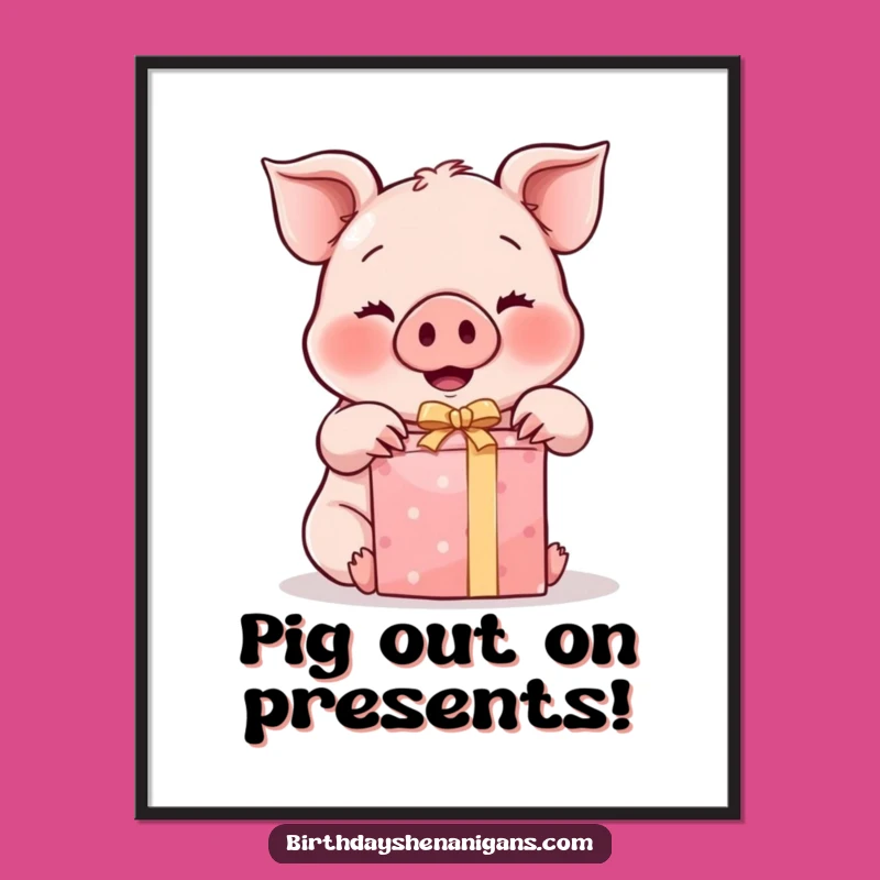 Free Printable Wall Art: Kawaii Pig Unwrapping Gift, Funny Downloadable Decor