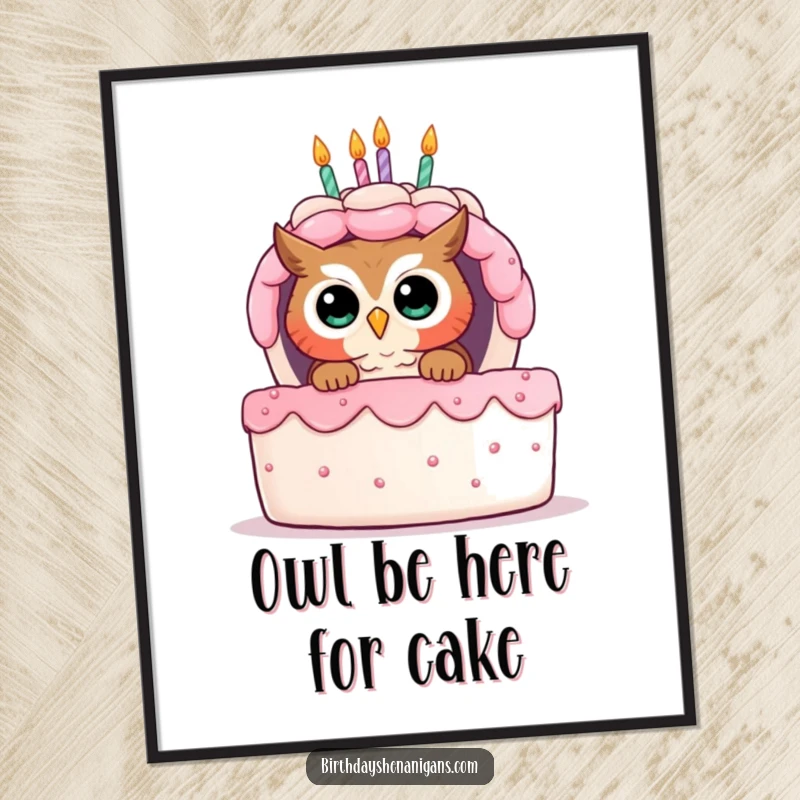 Funny free printable wall art of a curious owl peeking from behind a giant, festive birthday cake, full of wonder.