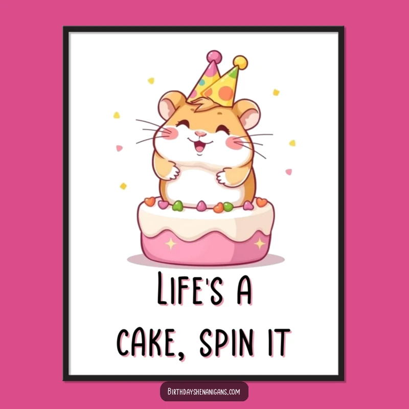 Funny Free Printable Wall Art: Gleeful Kawaii Hamster on Cake, Downloadable Decor