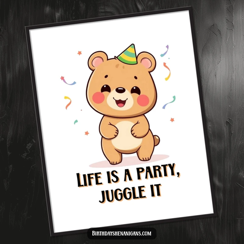 Funny free printable wall art of a smiling bear juggling colorful party streamers, a vibrant and humorous downloadable piece of art.