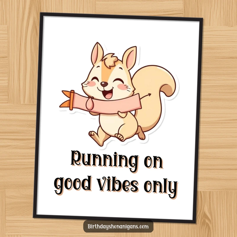 Funny Free Printable Wall Art: A jubilant squirrel dashing with a banner, adding a touch of playful energy to any room.