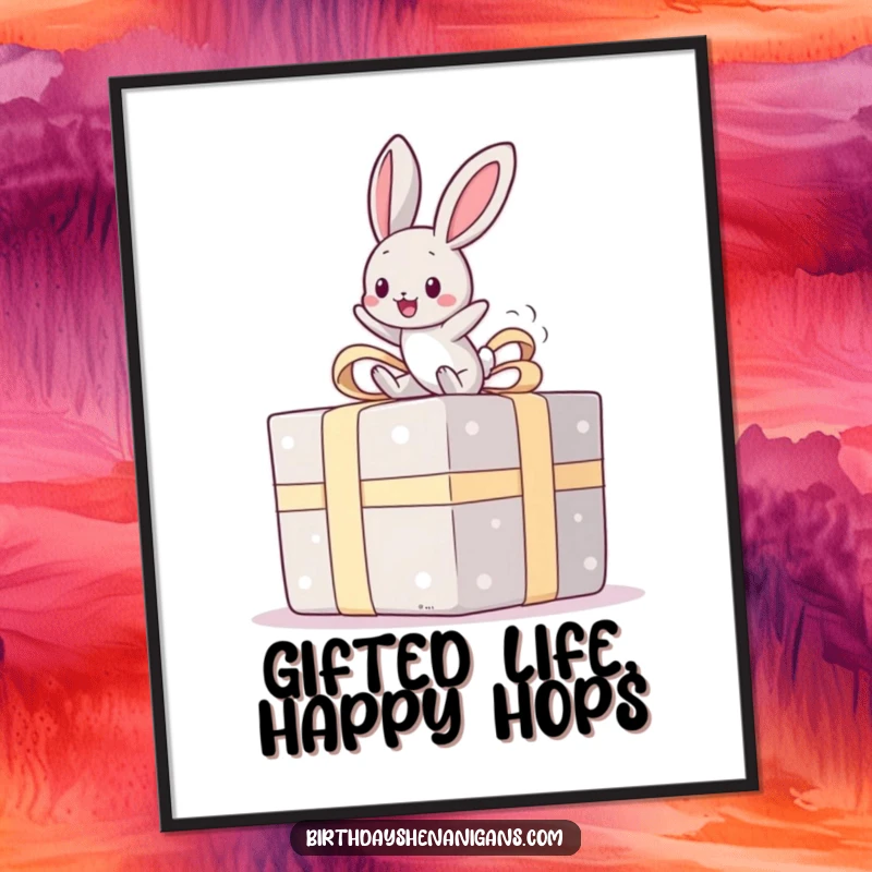 Funny Free Printable Kawaii Bunny Wall Art: A joyful bunny gleefully bouncing on top of a gigantic, wrapped gift.
