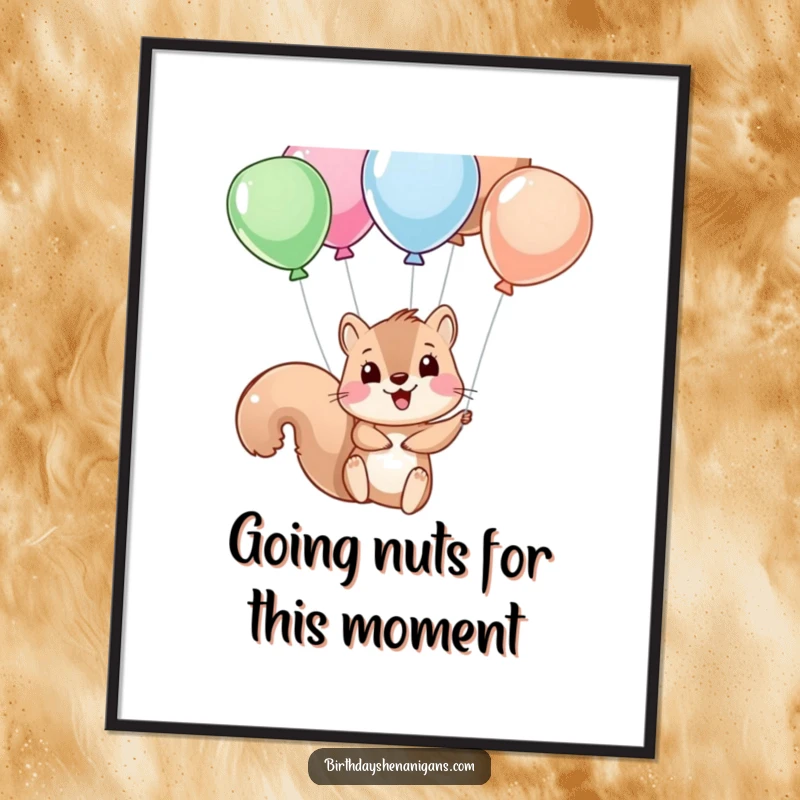 Funny Free Printable Wall Art: A silly squirrel comically dangling from balloon strings, bringing playful energy to your decor.