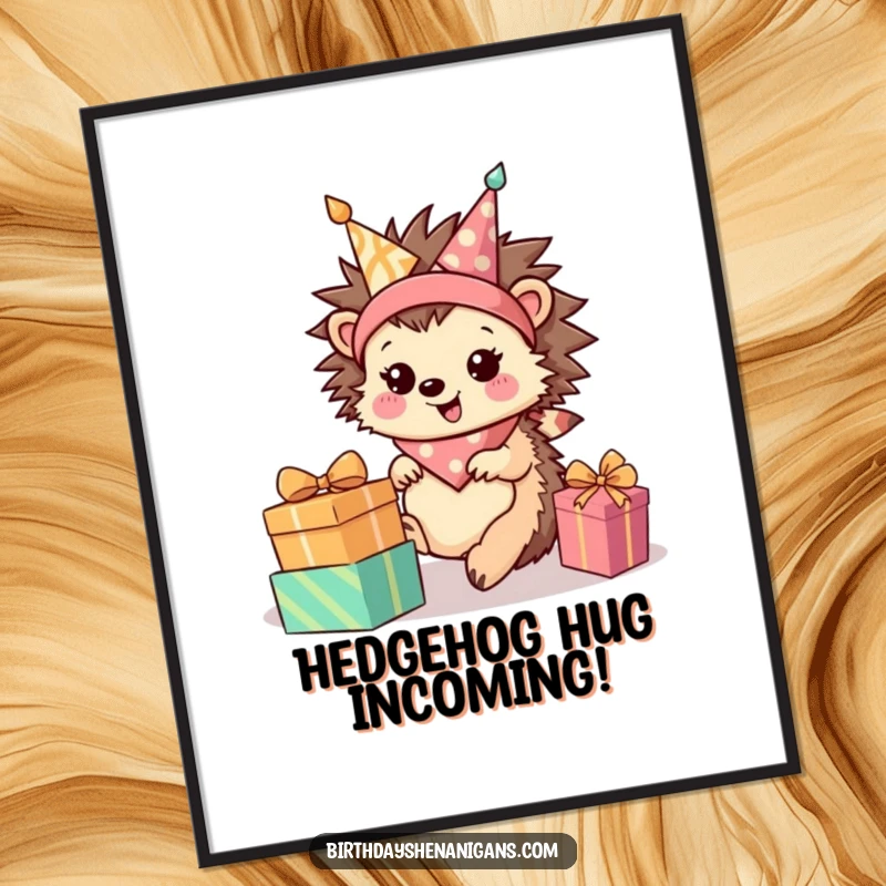 Funny Free Printable Wall Art: Happy hedgehog in bandana rolls towards a large pile of colorful presents.