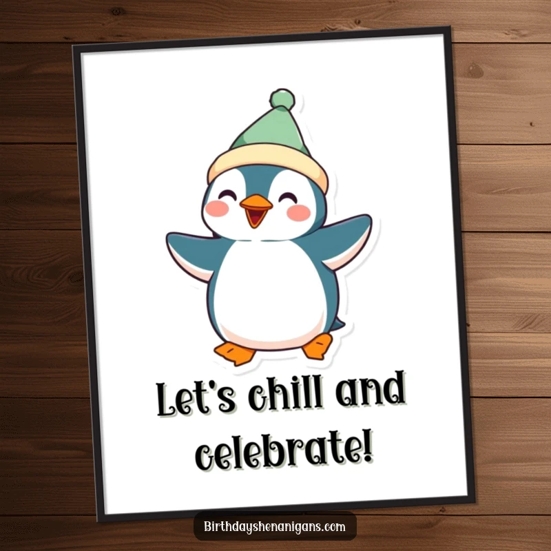 Funny Free Printable Wall Art: A kawaii penguin dressed in festive attire captured mid-silly dance, full of energy.
