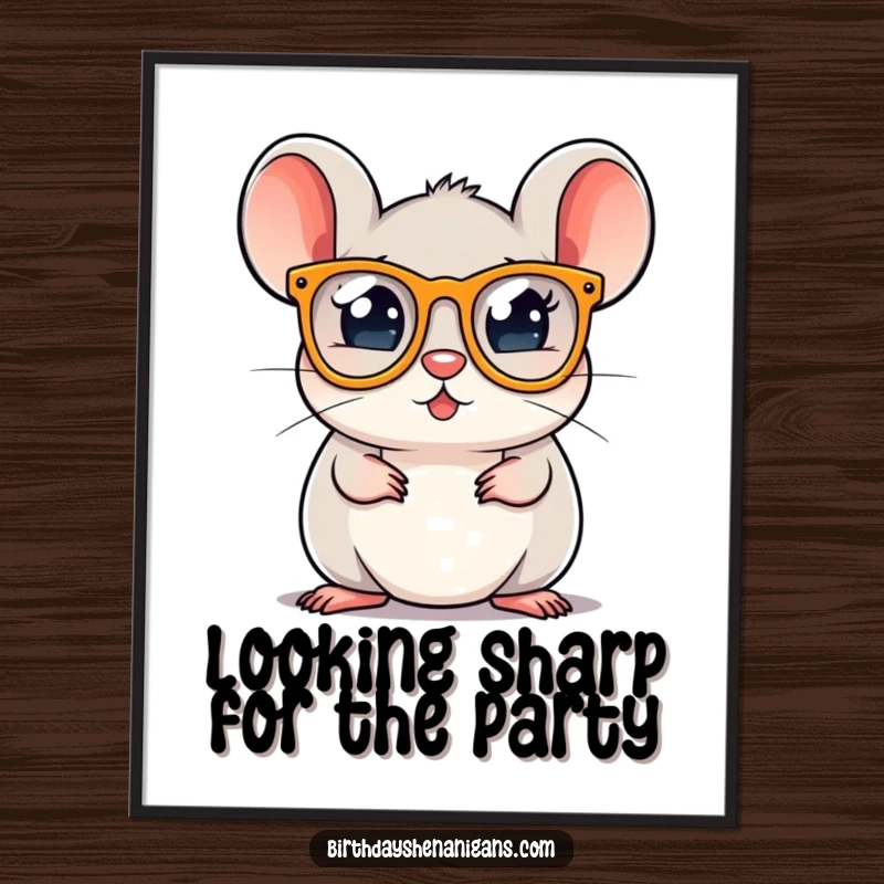 Funny Free Printable Wall Art: A round, happy mouse sporting tiny party glasses, radiating pure fun and celebration.