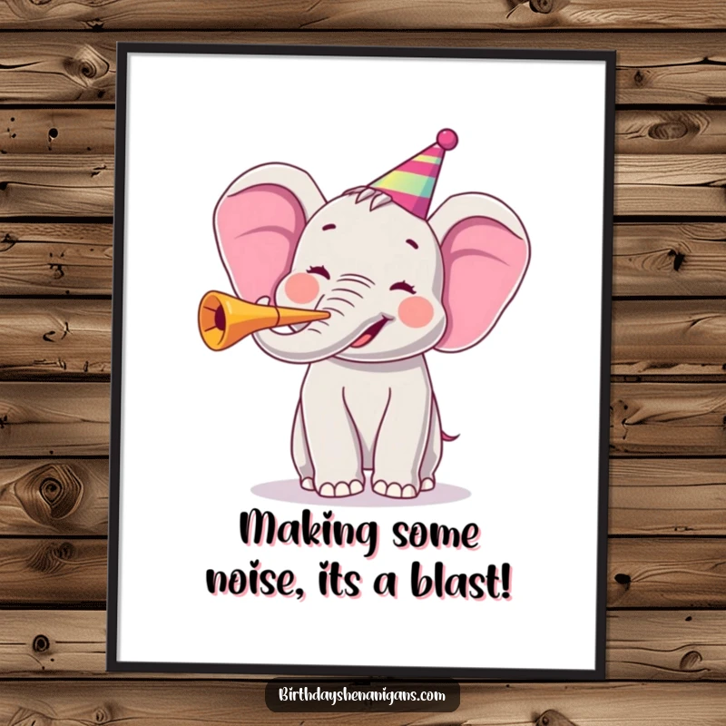 Funny Free Printable Wall Art of a happy elephant blowing a large party horn, creating an atmosphere of celebration.