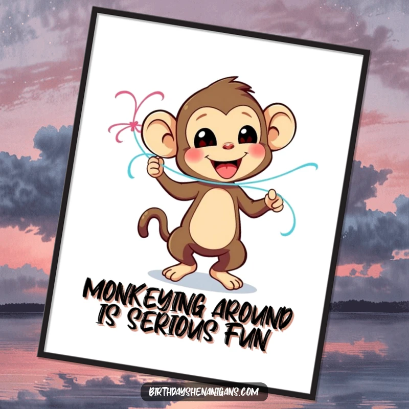 Funny free printable wall art: a playful monkey character is excitedly dancing with a colorful streamer, full of energy.