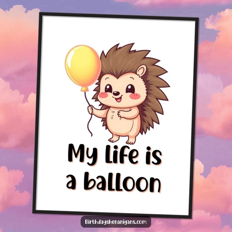 Funny Free Printable Wall Art: A cheerful hedgehog character joyfully holds a large, colorful balloon, floating slightly.