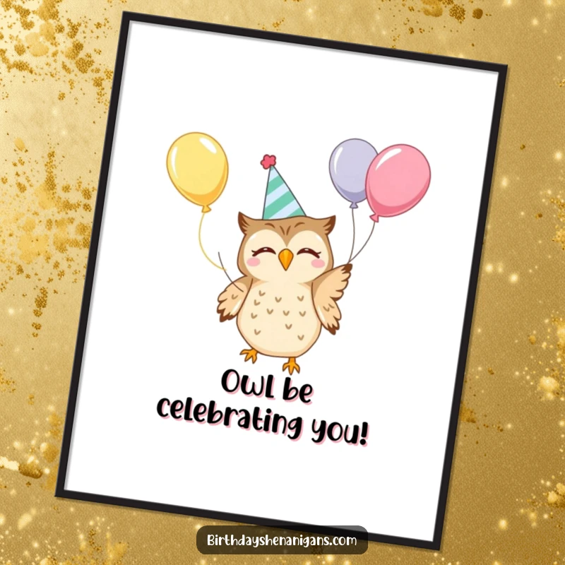 Funny Free Printable Wall Art: A kawaii owl in a party hat gleefully juggling balloons, exuding pure joy and celebration.
