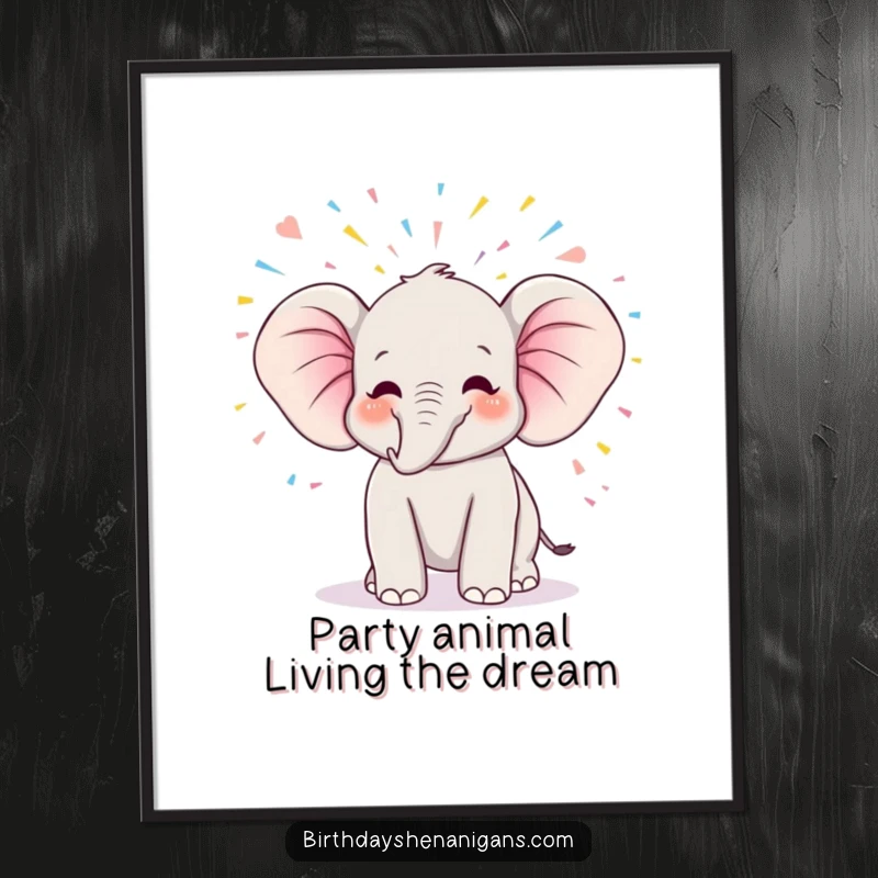 Funny Free Printable kawaii elephant art piece, trumpeting joyfully amidst streamers, adding a whimsical touch.
