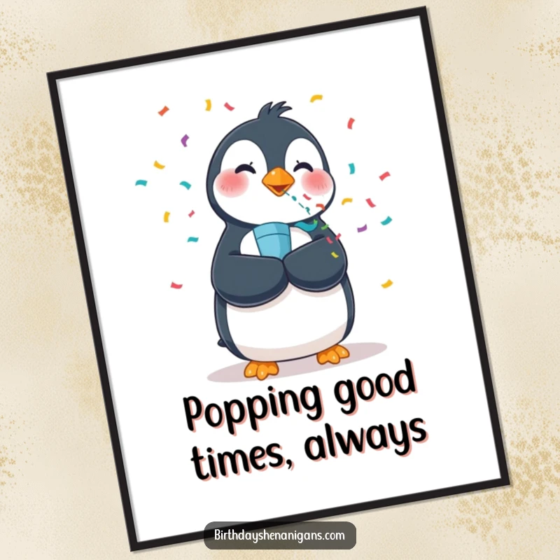 Funny free printable wall art of a wobbly penguin enthusiastically firing a confetti popper, celebrating with joyous abandon.