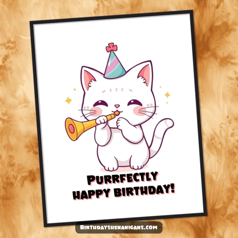 Funny Free Printable Wall Art of a kawaii cat wearing a birthday hat and blowing a trumpet, ready to party.
