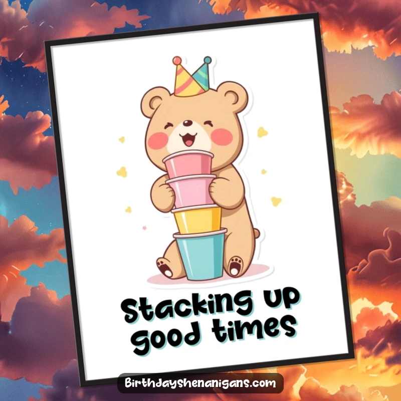 Funny Free Printable Wall Art: A cute bear is gleefully stacking colorful party cups high, creating a festive and humorous scene.