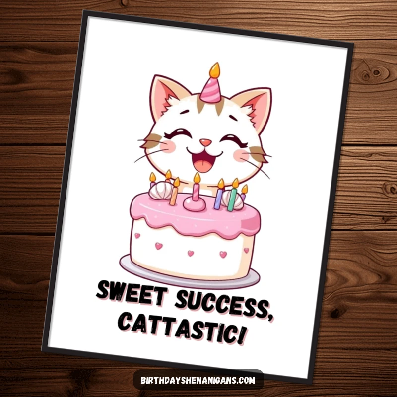Funny Free Printable Wall Art: A kawaii cat decorating a birthday cake with frosting and a big smile.