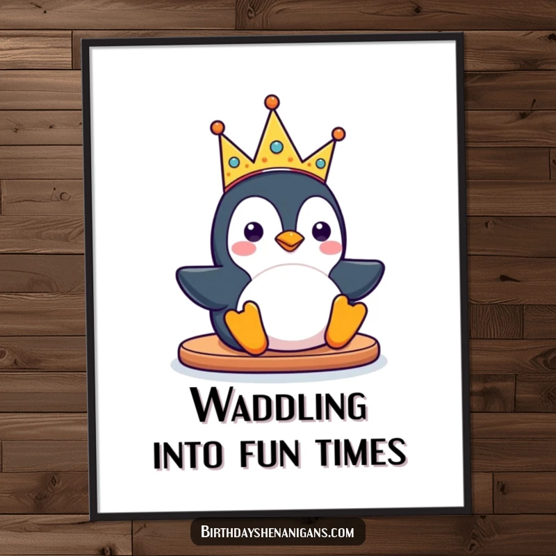 Funny Free Printable Wall Art: Kawaii penguin character joyfully slides wearing a silly party crown, adding whimsical fun.