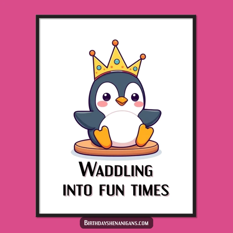 Free Printable Wall Art: Kawaii Penguin's Silly Crown Slide Fun