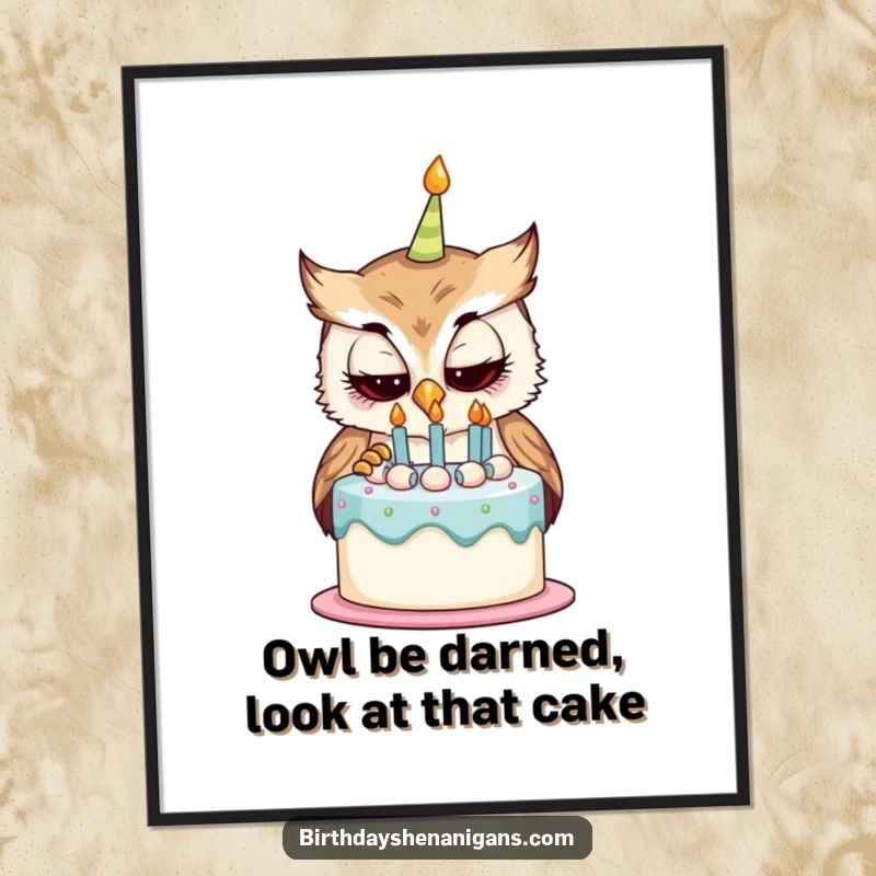 Funny Free Printable Wall Art: Curious owl character examining a birthday cake, adding whimsical decor.