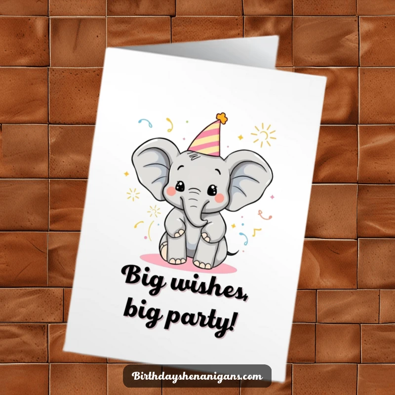 Funny Free Printable Birthday Card: Delighted elephant in party hat sprays colorful party poppers joyfully.