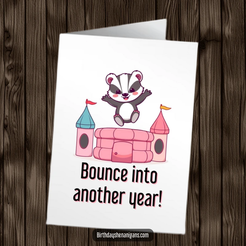 Funny free printable birthday card showing a happy badger enthusiastically jumping on a bouncy castle, a joyous downloadable gift.