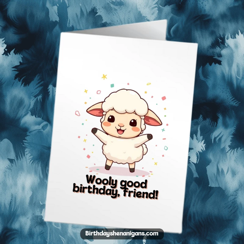 Funny Free Printable Birthday Card featuring a fluffy sheep gleefully bouncing amidst a shower of colorful confetti, ready to party.