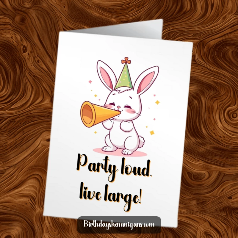 Funny Free Printable Birthday Card: Cute bunny in party hat blowing a giant horn with confetti, spreading cheer.