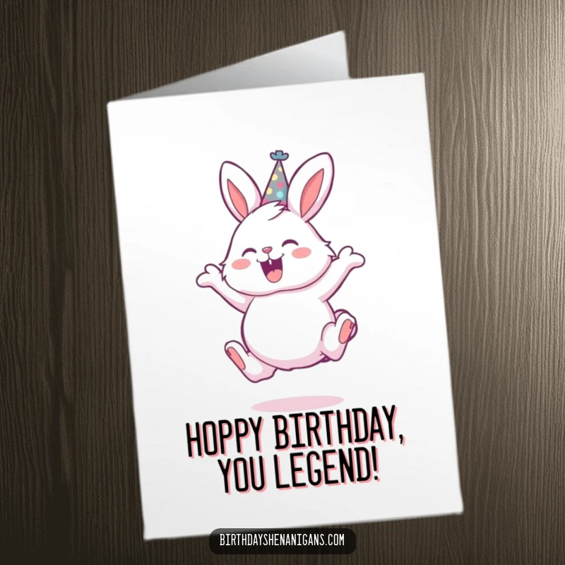 Funny free printable birthday card showing a fluffy bunny in a party hat leaping with pure, unadulterated joy.