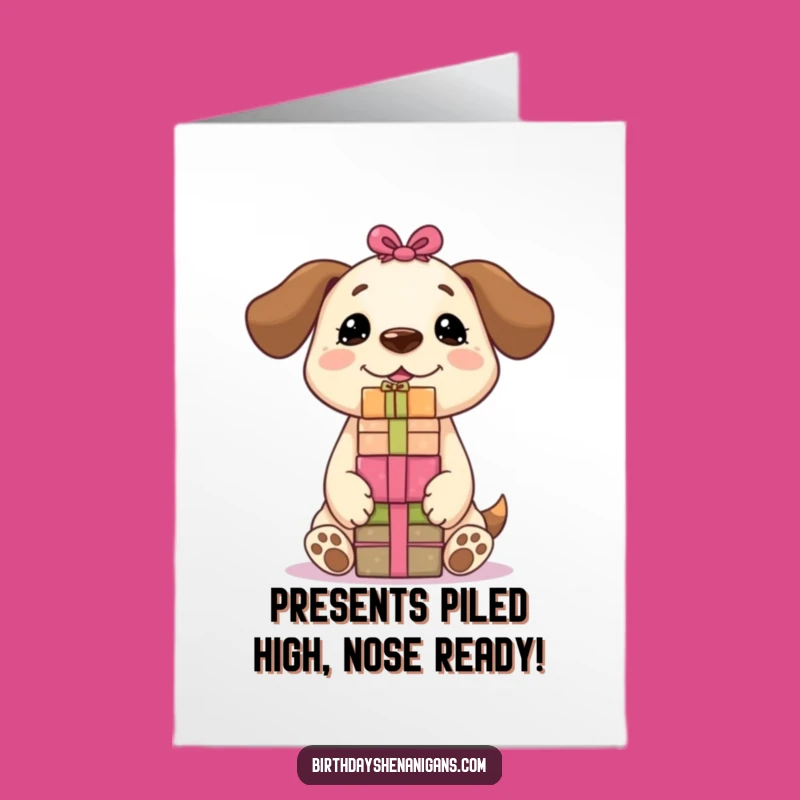 Free Printable Birthday Card: Funny Kawaii Dog Balancing Gifts, Hilarious Downloadable Greeting