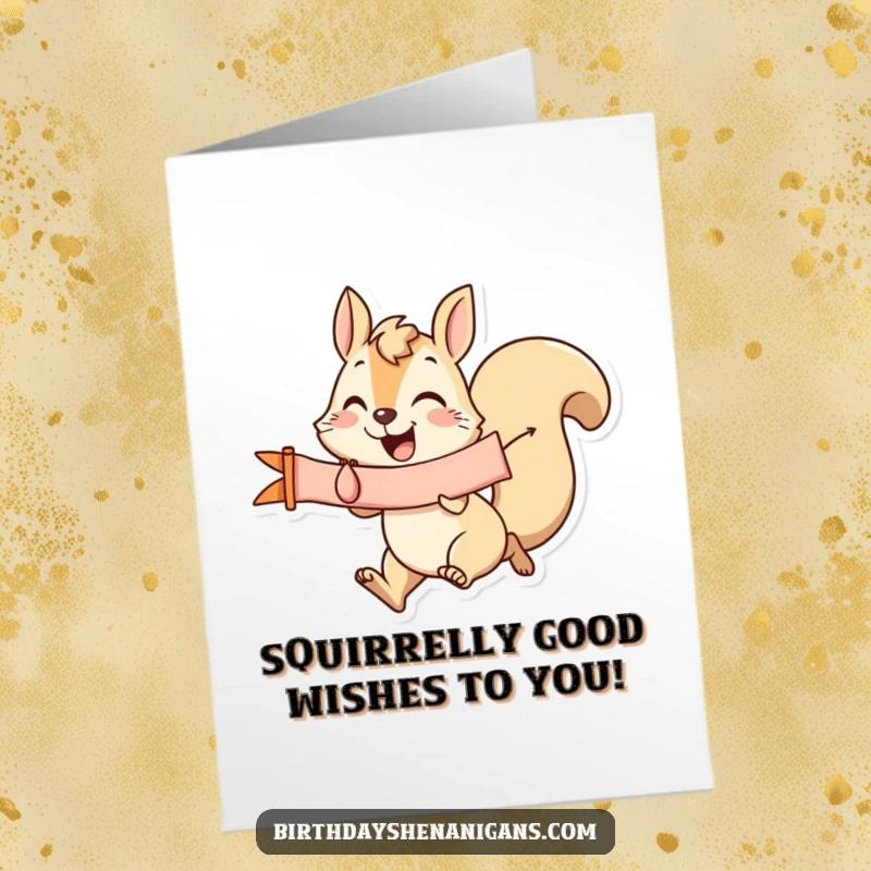 Funny Free Printable Birthday Card: Joyful squirrel running with a banner in its mouth, ready to deliver birthday wishes.