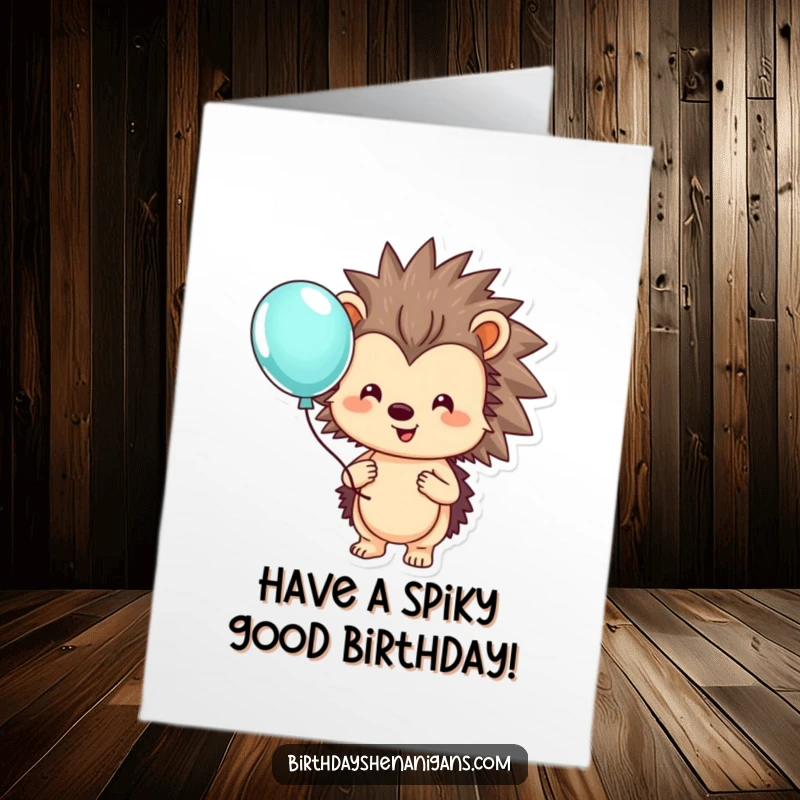 Funny Free Printable Birthday Card: A smiling hedgehog happily clutches a bright, colorful balloon, radiating pure joy.