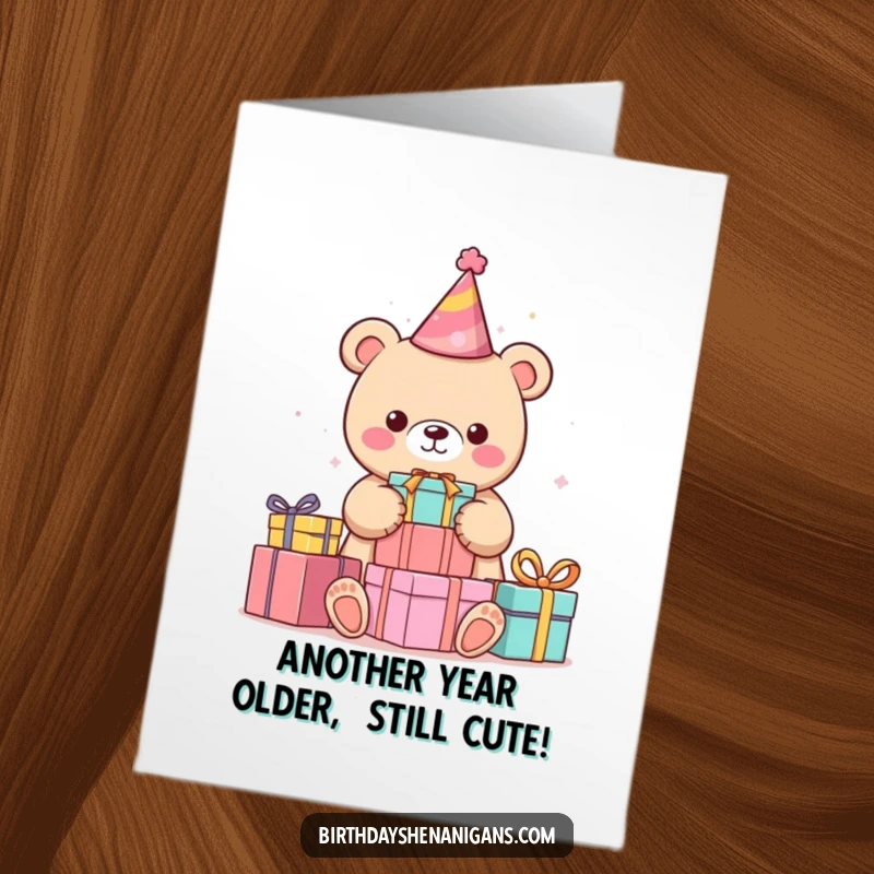 Funny Free Printable Birthday Card: Kawaii bear in party hat stacking colorful presents with pure delight.
