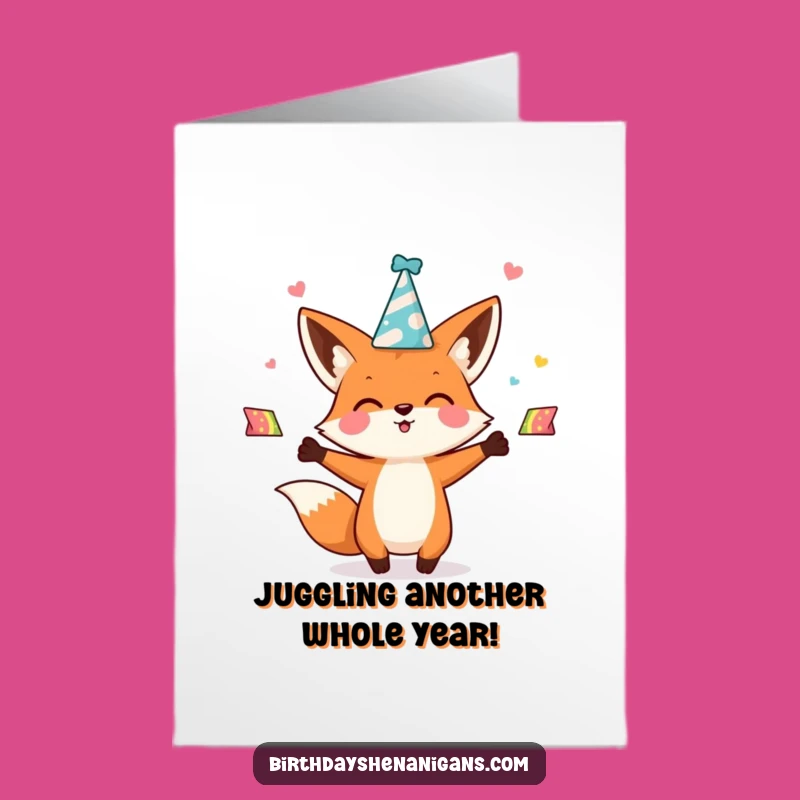 Free Printable Birthday Card: Kawaii Fox Juggling Party Hats