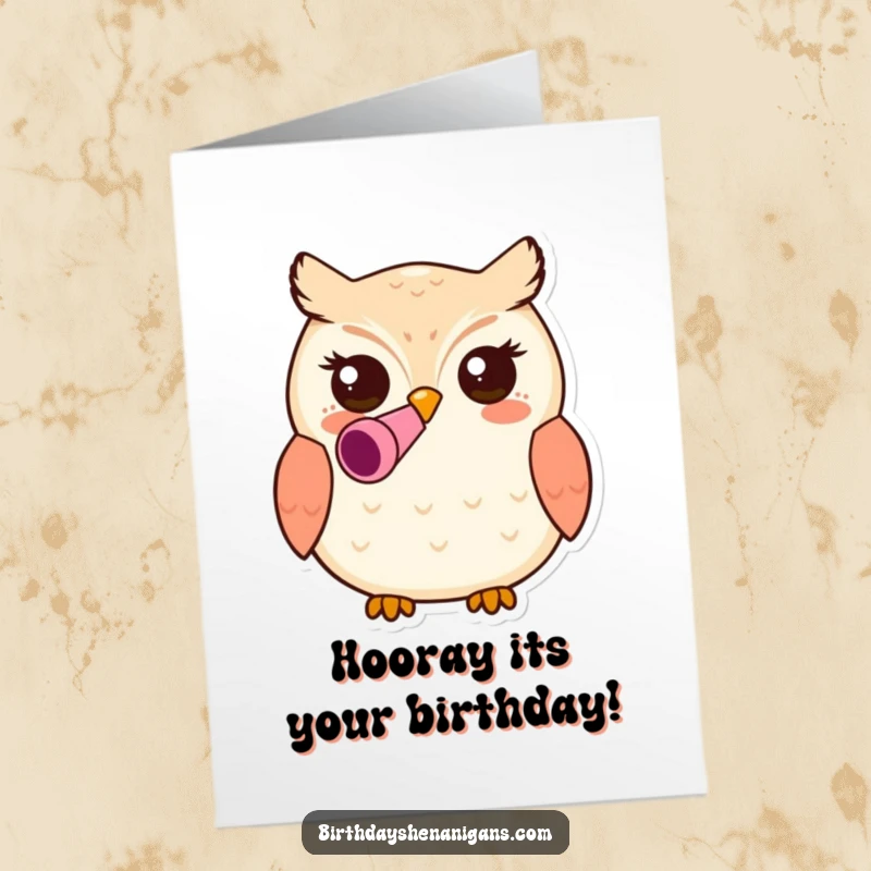 Funny Free Printable Birthday Card: Cute kawaii owl character wearing a festive party blower in its beak, ready to celebrate.