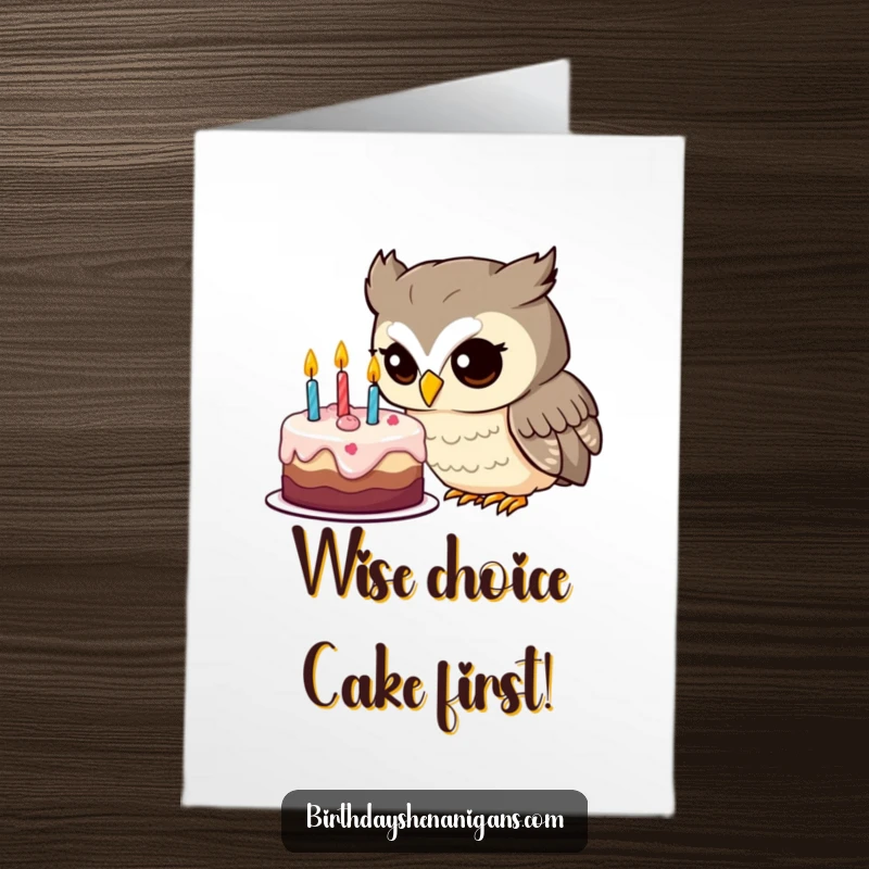 Funny Free Printable Birthday Card: Curious owl peeking at a birthday cake, a delightful and humorous DIY greeting.