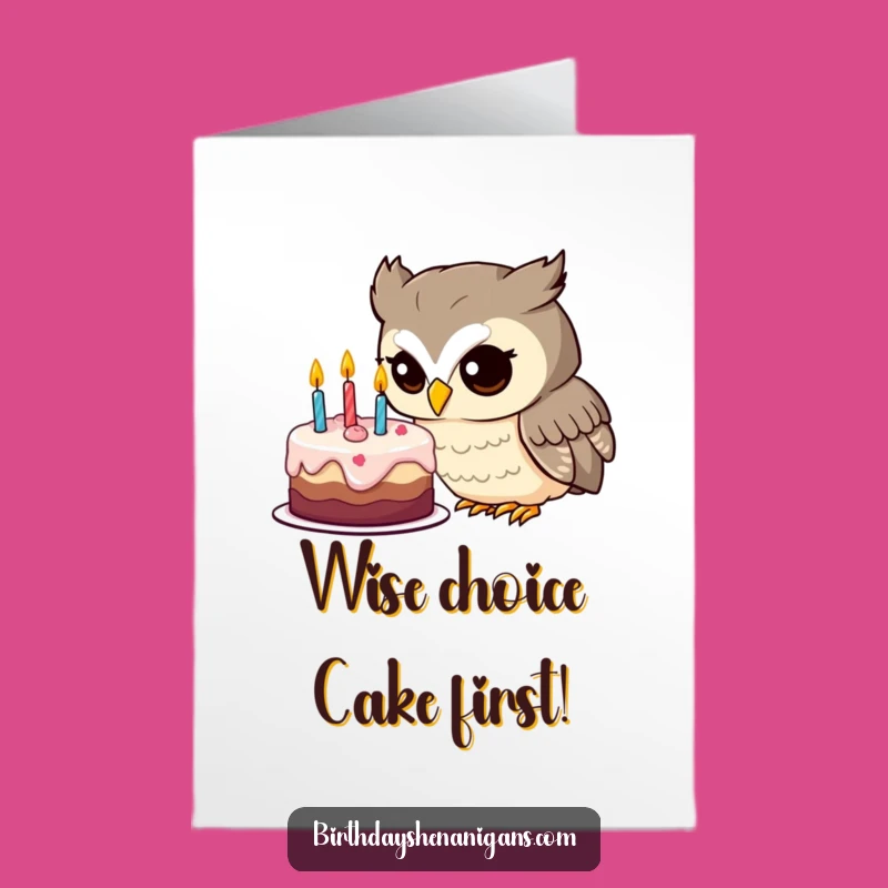 Free Printable Birthday Card: Owl Pondering Cake Downloadable Laugh