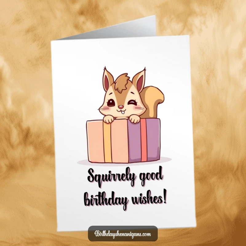 Funny Free Printable Birthday Card: A giggling squirrel peeks from behind a giant present, full of mischief.
