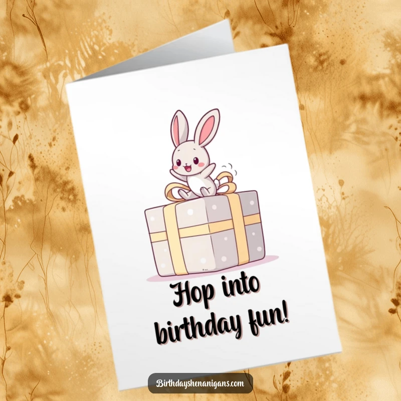 Funny Free Printable Kawaii Bunny Birthday Card: A happy bunny joyfully bouncing on top of a large, wrapped present.