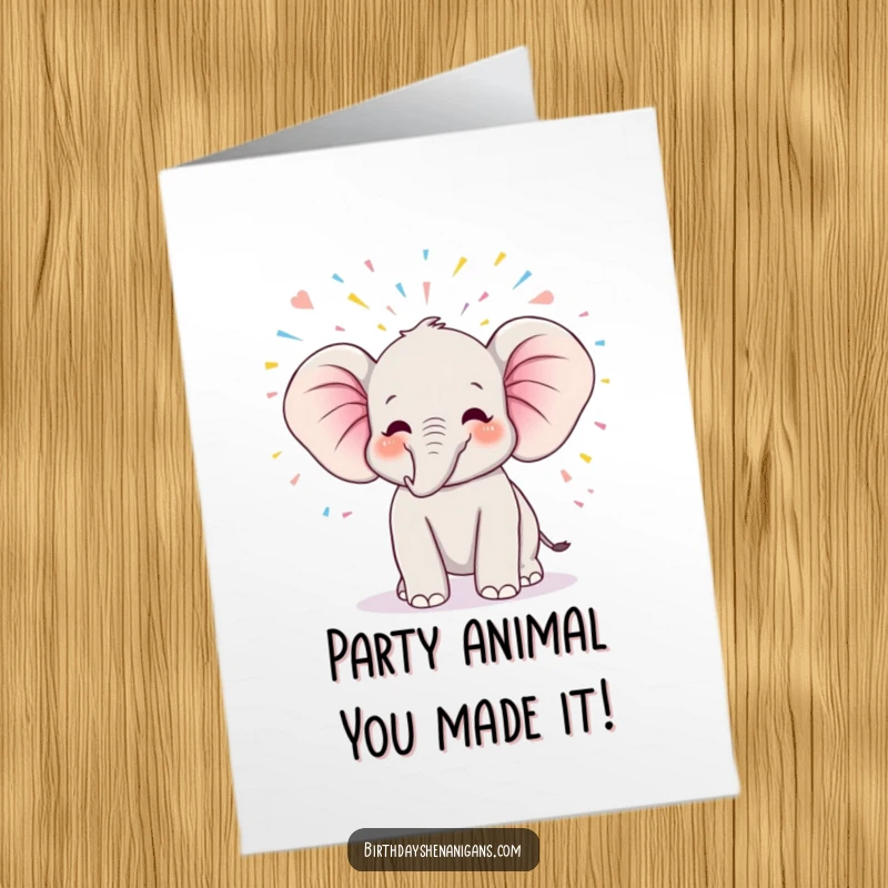 Funny Free Printable kawaii elephant trumpeting joyfully, showered in colorful streamers, perfect for a birthday greeting card.