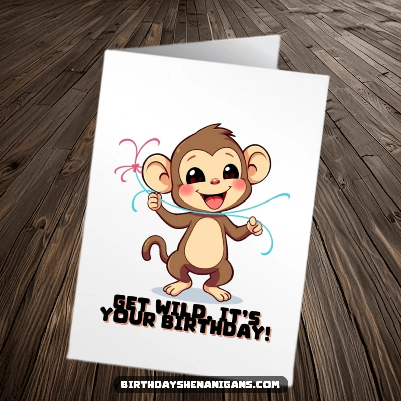 Funny free printable birthday card: a playful monkey character excitedly dances with a colorful streamer, ready to party.
