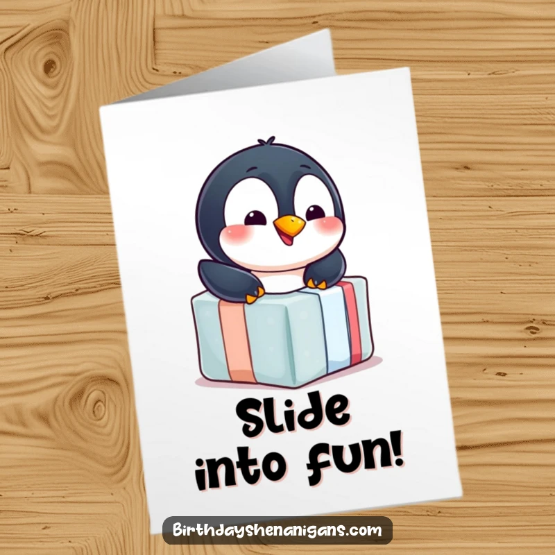 Funny Free Printable Penguin Birthday Card: Cheerful penguin sliding down a brightly wrapped gift, bringing downloadable birthday excitement.
