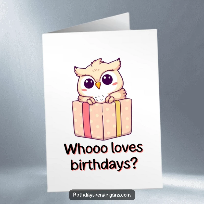 Funny free printable birthday card featuring a delighted owl peeking out of a vibrantly wrapped gift box.