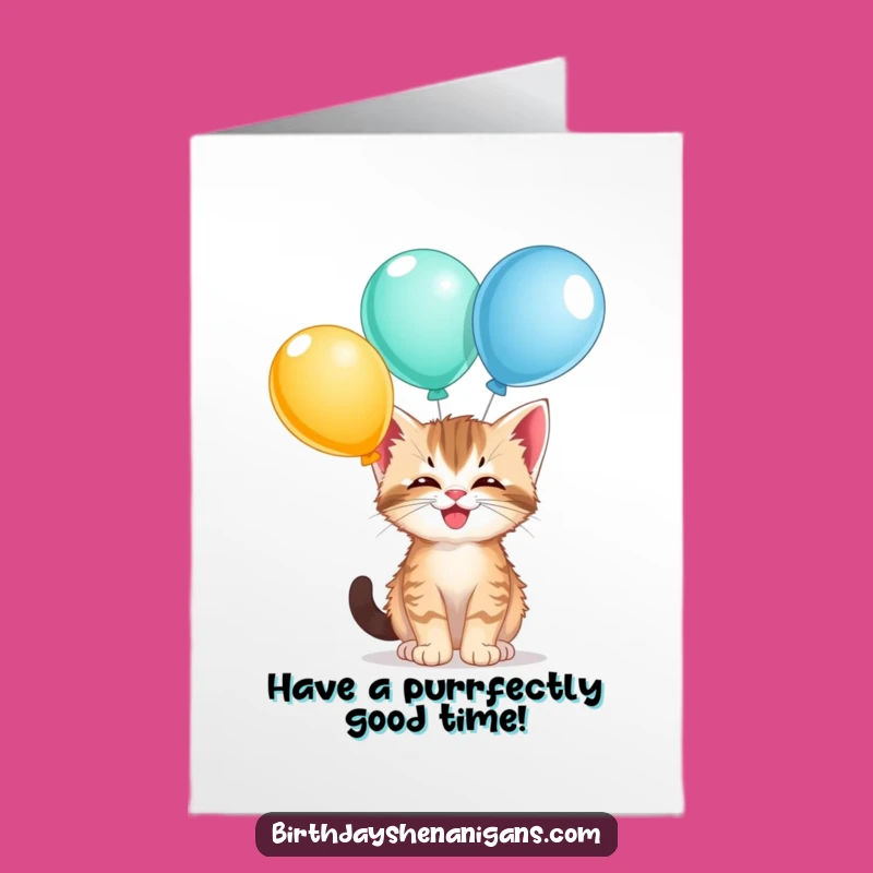 Free Printable Kitten Birthday Card: Giggling Balloon Balance for a Funny Downloadable Gift