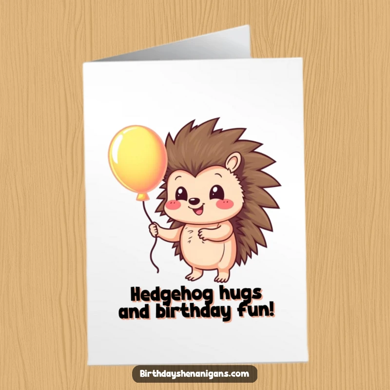 Funny Free Printable Birthday Card: A smiling hedgehog character holding a bright, colorful balloon, ready for birthday fun.