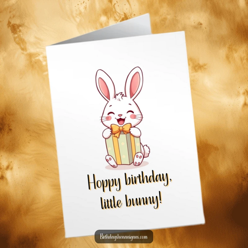 Funny Free Printable Birthday Card: Cheerful rabbit joyfully unwraps a brightly colored gift, full of excitement.