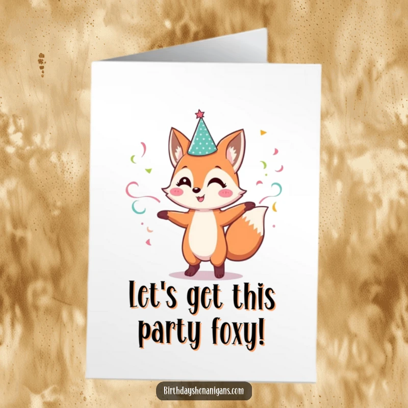 Funny Free Printable Birthday Card: Cheerful fox in sparkly hat dances enthusiastically with colorful streamers.