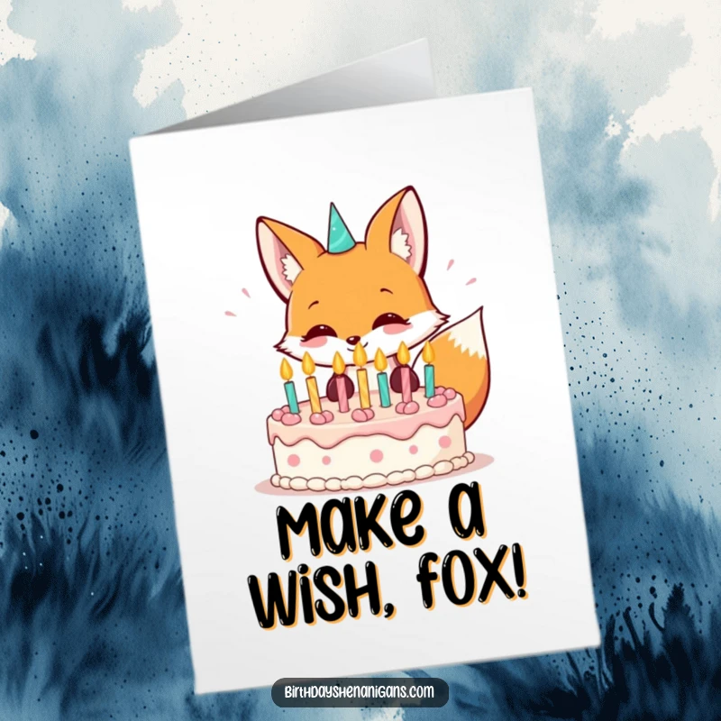 Funny free printable birthday card: A kawaii fox enthusiastically blowing out candles on a birthday cake with a huge grin.